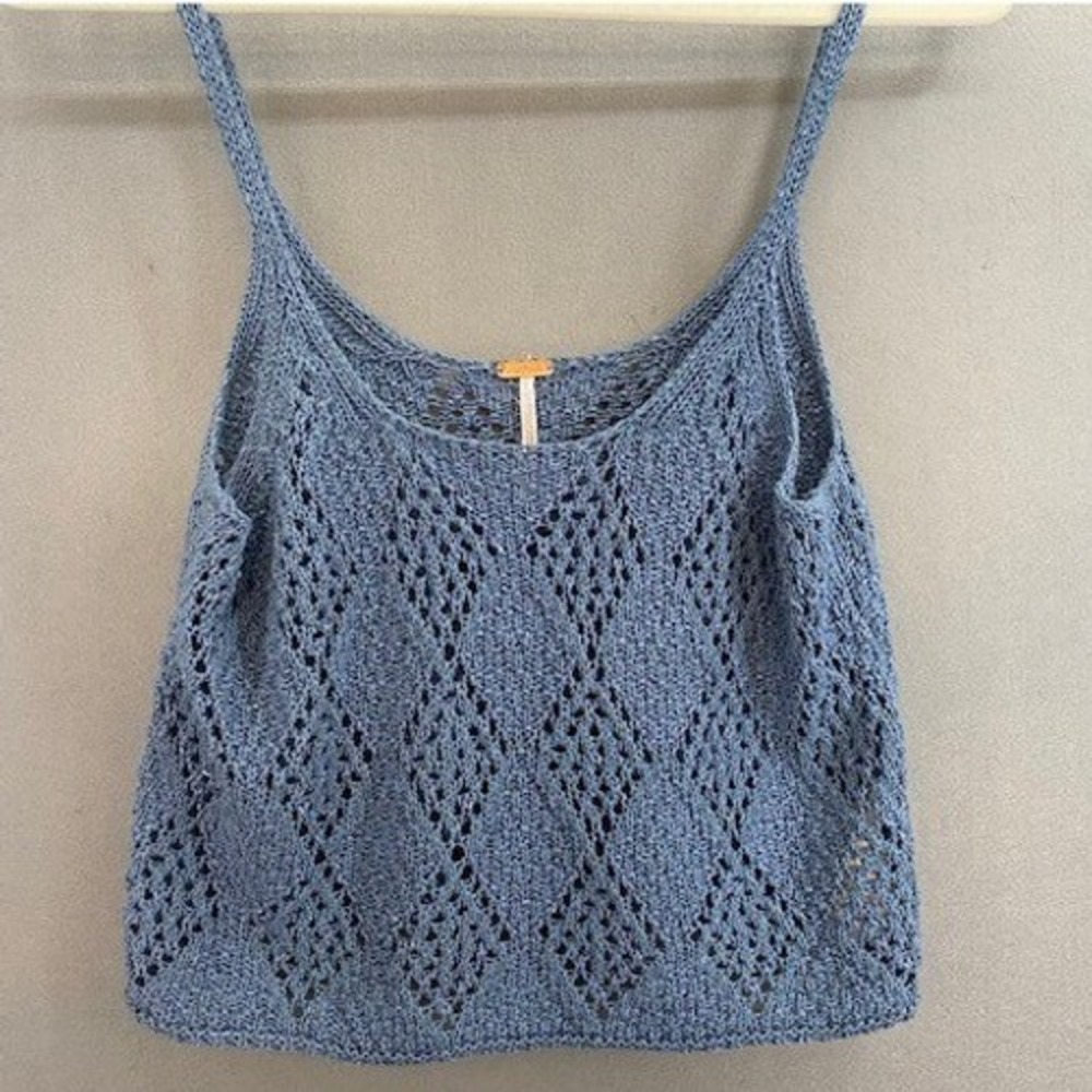Free People Women's Small‎ Blue Diamond Pointelle Knit Camisole Top Boho Cami